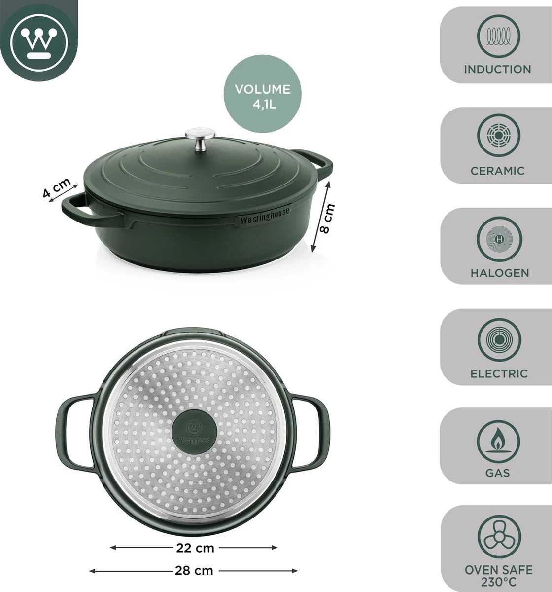 Westinghouse Performance Series - Hapjespan Inductie Met Deksel - 28cm Sauteerpan - Oven Geschikt - Groen 6 Westinghouse Performance Series - Hapjespan Inductie Met Deksel - 28cm Sauteerpan - Oven Geschikt - Groen - Afbeelding 4