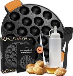 Nieuwe Producten 22 Ocina Poffertjespan – Combo Pack – 19 Poffertjes – Poffertjesmaker – Poffertjespan Inductie – Poffertjespan Electrisch – Gietijzeren Pan - Inclusief Doseerfles, Handvaten, 6x Poffertjesvorken En Invetkwast – Gratis Receptenboek