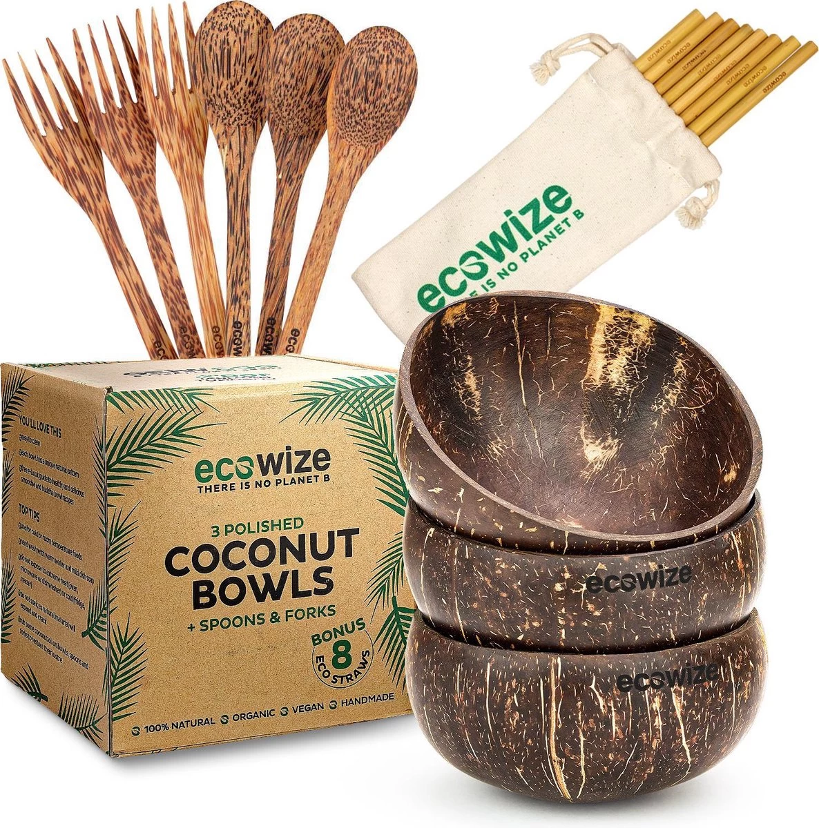 Ecowize Coconut Bowls (Set Van 3) - Kokosnoot Kom & Schaal - Met 3 Lepels, 3 Vorken En 8 Bamboe Rietjes - Zero Waste & Herbruikbaar - Duurzaam Cadeau 3 Ecowize Coconut Bowls (Set Van 3) - Kokosnoot Kom & Schaal - Met 3 Lepels, 3 Vorken En 8 Bamboe Rietjes - Zero Waste & Herbruikbaar - Duurzaam Cadeau