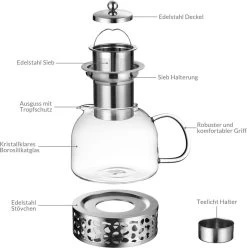 Monzana Theepot Glas - Met Theepotverwarmer – Voor 1,5 Liter RVS Zeef -Keuken Verkoop 1197x1200 11
