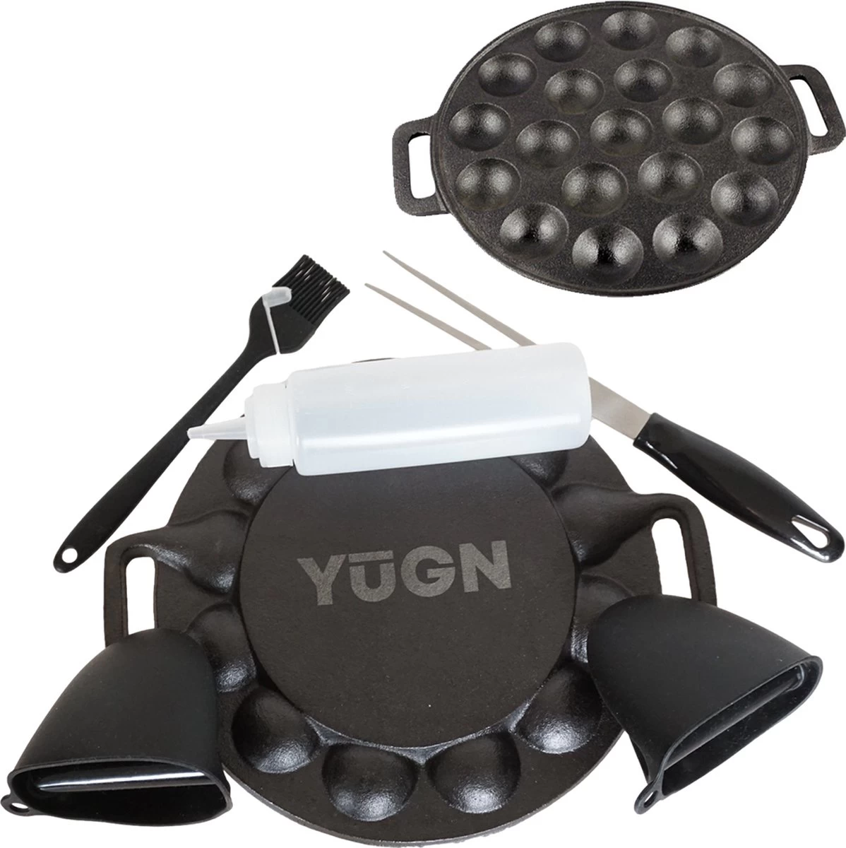 YUGN BLACK Poffertjespan Poffertjesmaker 6 Delige Set - 19 Poffertjes Incl Doseerfles Kwast Poffertjesvork Siliconen Ovenwanten - Platte Onderkant Poffertjespan Inductie Poffertjespan Elektrisch - Cadeau Tip 6 YUGN BLACK Poffertjespan Poffertjesmaker 6 Delige Set - 19 Poffertjes Incl Doseerfles Kwast Poffertjesvork Siliconen Ovenwanten - Platte Onderkant Poffertjespan Inductie Poffertjespan Elektrisch - Cadeau Tip - Afbeelding 4