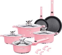 Swiss Pro+ | Set 14 Delige Pannenset | Inductie - Pannensets - Glazen Deksel - Met Afneembare Handgreep - Marmeren Interieur -PFAS-vrij | Pink -Keuken Verkoop 1200x1056 1