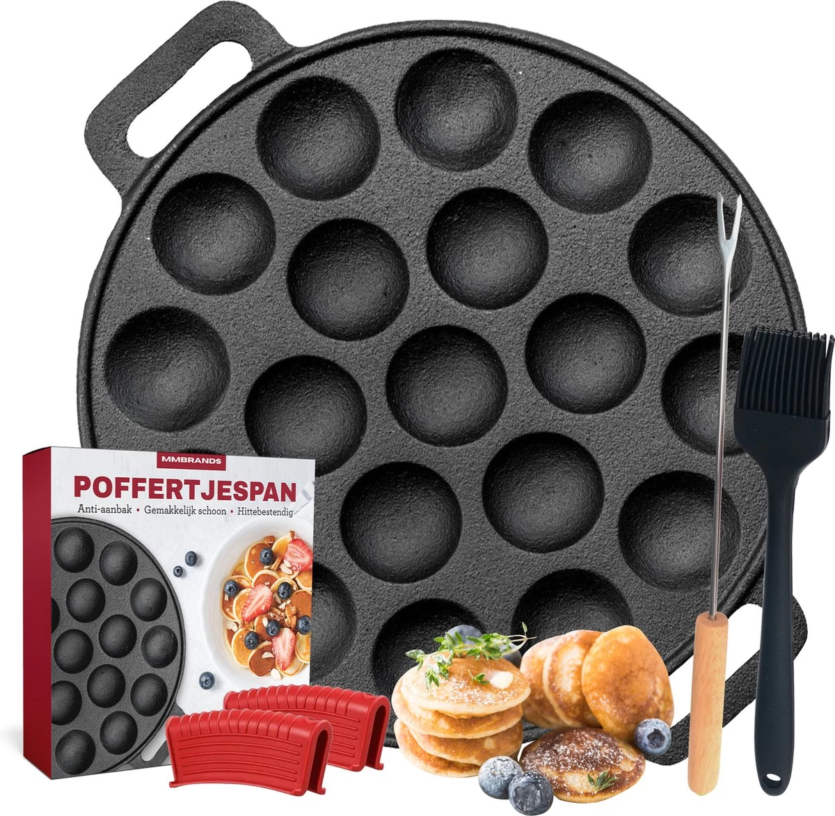 MM Brands Poffertjespan - Poffertjesmaker - Inductie / Oven / BBQ - Inclusief Handvat, Borstel En Vorken 3 MM Brands Poffertjespan - Poffertjesmaker - Inductie / Oven / BBQ - Inclusief Handvat, Borstel En Vorken