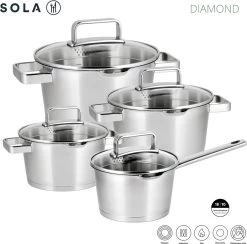 Sola Pannenset Diamond - 4 Delig - Ø 16,16,18,20 Cm - Zilver - RVS - Sandwichbodem -Keuken Verkoop 1200x1183
