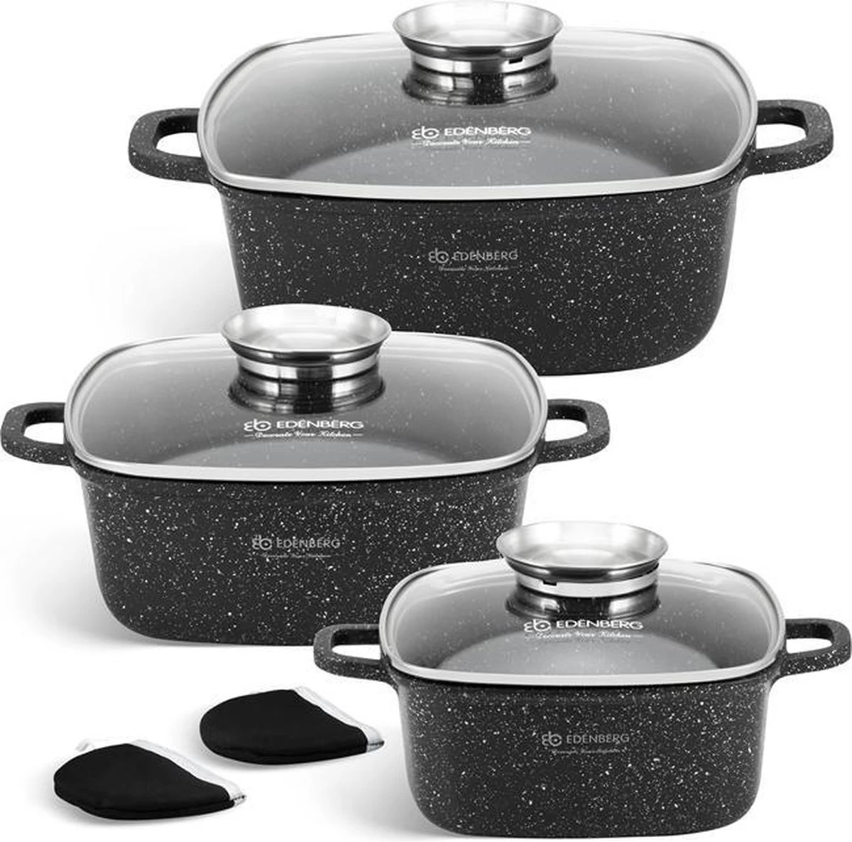Edënbërg Stonetec Line - 8-delige Luxe Pannenset Van Gesmeed Aluminium - Zwart 3 Edënbërg Stonetec Line - 8-delige Luxe Pannenset Van Gesmeed Aluminium - Zwart