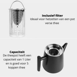 Castagnola Theepot Met Filter – Theekan – Theepot Dubbelwandig – Theepot Roestvrijstaal – Hoogwaardig RVS – 1 Liter – 5 Kopjes Thee – Zwart -Keuken Verkoop 1200x1195 13