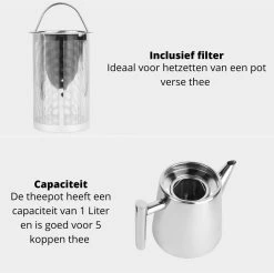 Castagnola Theepot Met Filter – Theekan – Theepot Dubbelwandig – Theepot Roestvrijstaal – Hoogwaardig RVS – 1 Liter – 5 Kopjes Thee – Zilver Glans -Keuken Verkoop 1200x1195 16