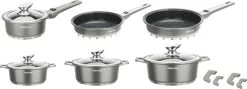 Swiss Pro+ | Set 14 Delige Pannenset | Inductie - Pannensets - Glazen Deksel - Met Afneembare Handgreep - Marmeren Interieur -PFAS-vrij | Grey / Silver -Keuken Verkoop 1200x430