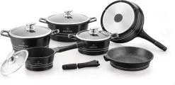 Herenthal Luxe Pannenset - 14-delig - Glazen Deksel - Inductie - Marmeren Coating - PFAS-vrij - Zwart - ES1014M