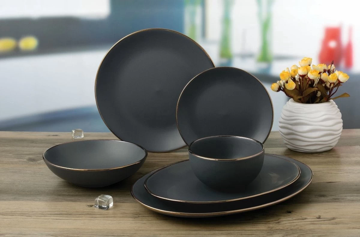 Merkloos Sweet Set Servies Set 26 Delig - Antraciet Met Gouden Rand 3 Merkloos Sweet Set Servies Set 26 Delig - Antraciet Met Gouden Rand