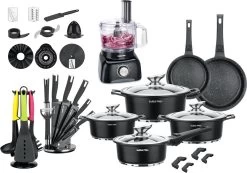 Swiss Pro+ - SWP41D22 - Pannenset 41 Delig - Foodprocessor - Messenblok 8 Delig - Kookgerei Set Met Houder 7 Delig - Starters Pakket - 2022 Serie - Limited Edition -uitzet